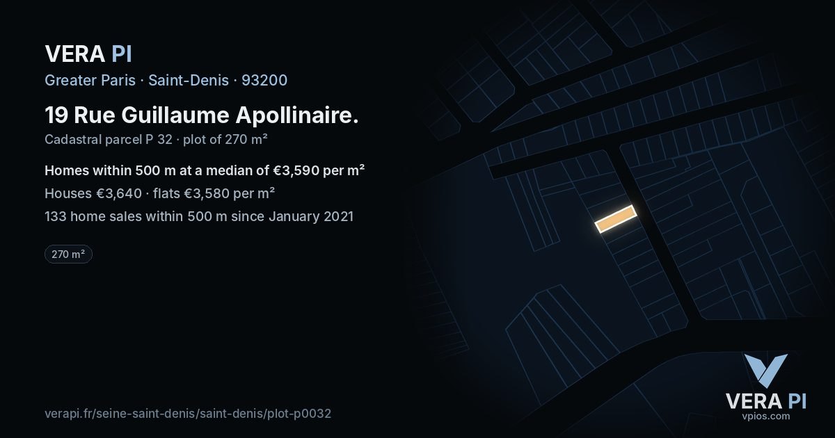 19 Rue Guillaume Apollinaire, Saint-Denis at night – the plot lit, the parcels around coloured by the prices near them