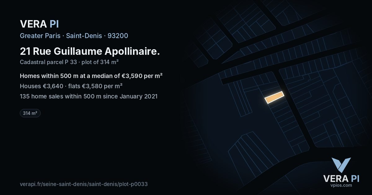 21 Rue Guillaume Apollinaire, Saint-Denis at night – the plot lit, the parcels around coloured by the prices near them