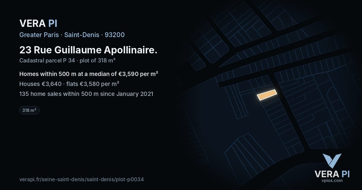 23 Rue Guillaume Apollinaire, Saint-Denis at night – the plot lit, the parcels around coloured by the prices near them