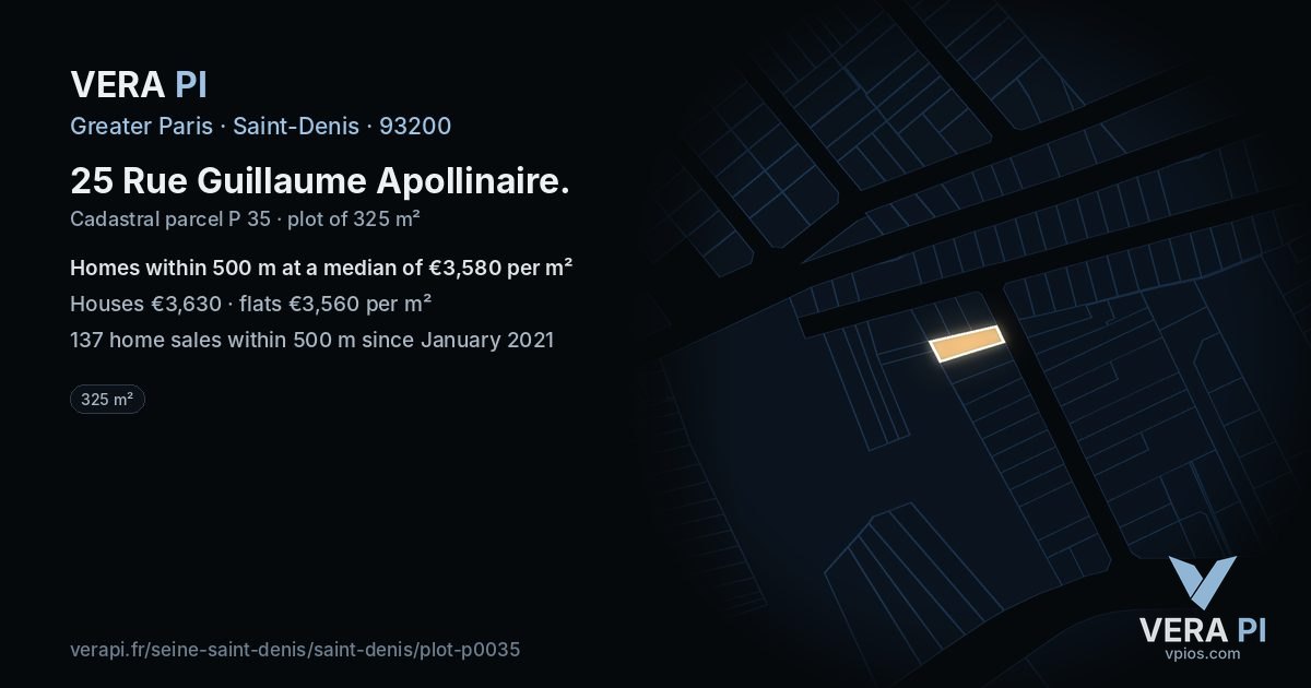 25 Rue Guillaume Apollinaire, Saint-Denis at night – the plot lit, the parcels around coloured by the prices near them