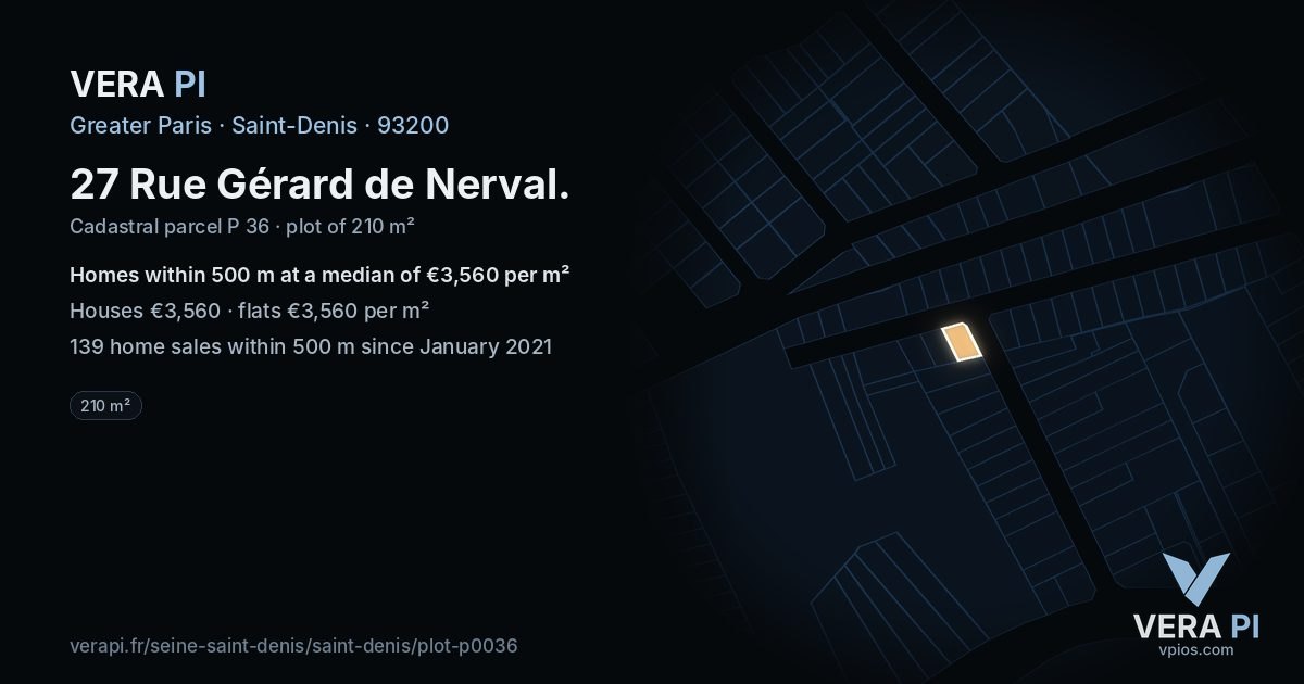27 Rue Gérard de Nerval, Saint-Denis at night – the plot lit, the parcels around coloured by the prices near them