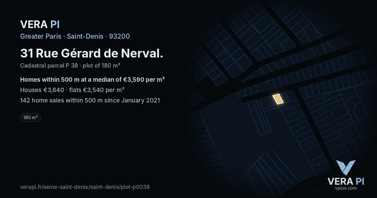 31 Rue Gérard de Nerval, Saint-Denis at night – the plot lit, the parcels around coloured by the prices near them