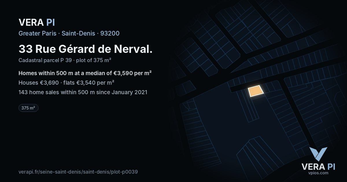 33 Rue Gérard de Nerval, Saint-Denis at night – the plot lit, the parcels around coloured by the prices near them