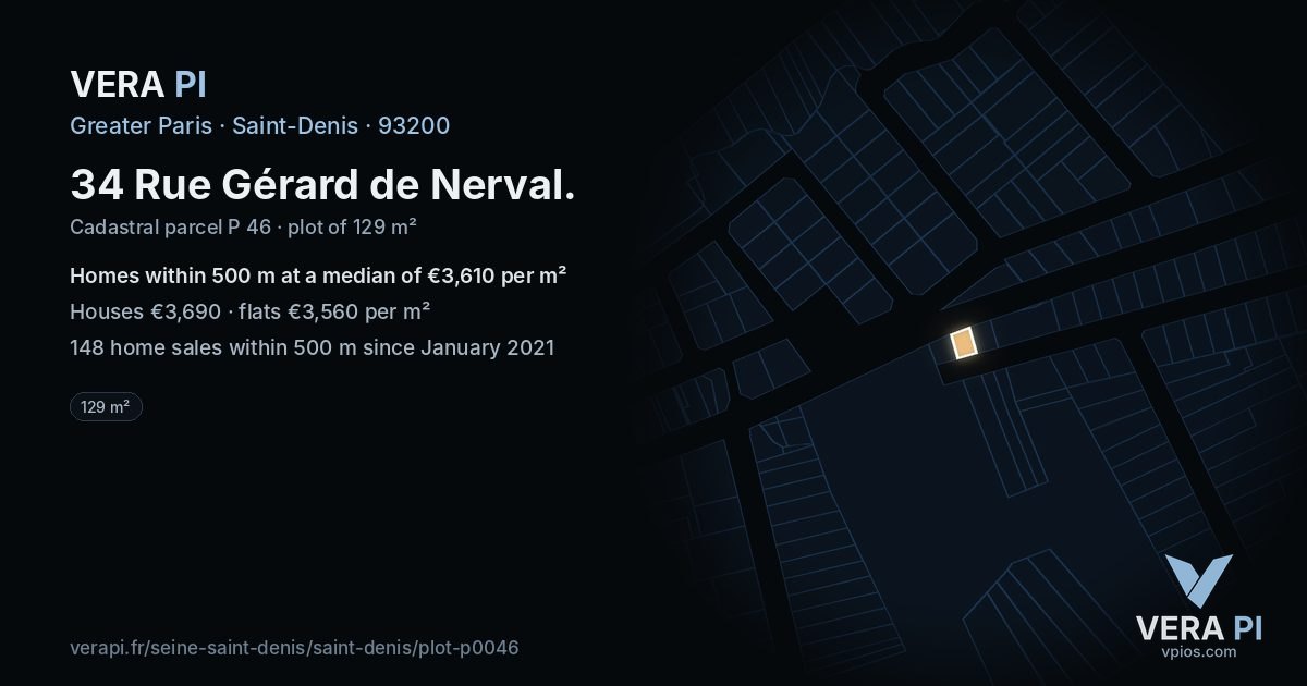 34 Rue Gérard de Nerval, Saint-Denis at night – the plot lit, the parcels around coloured by the prices near them