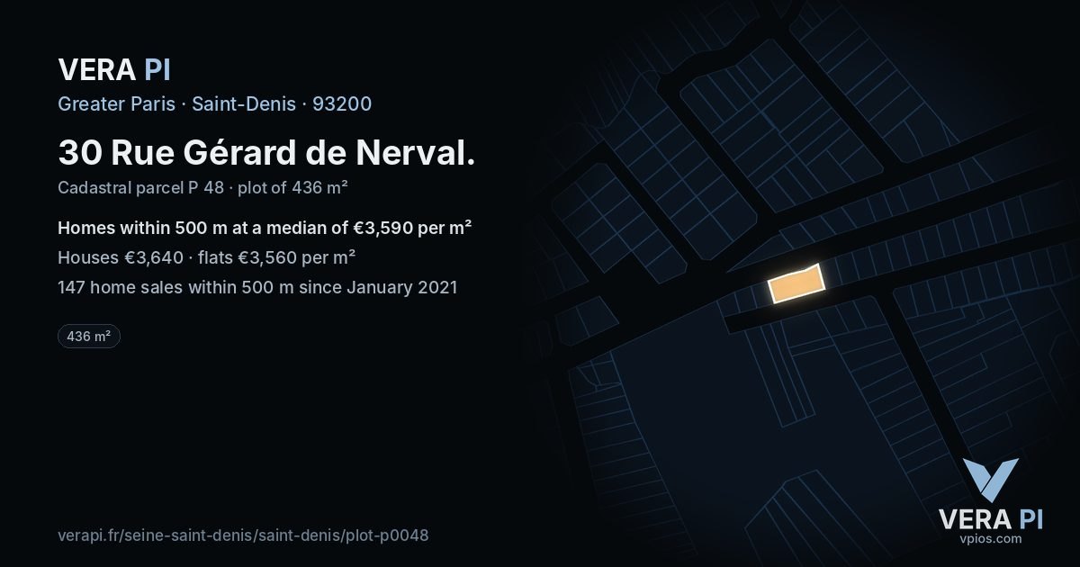 30 Rue Gérard de Nerval, Saint-Denis at night – the plot lit, the parcels around coloured by the prices near them