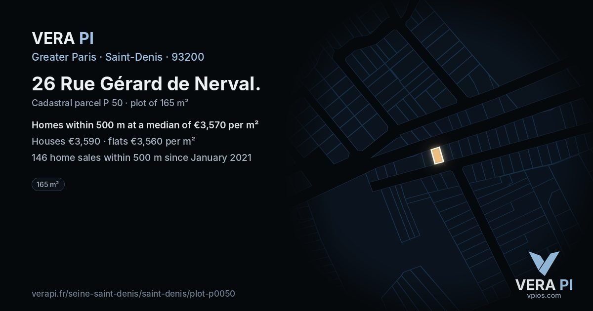 26 Rue Gérard de Nerval, Saint-Denis at night – the plot lit, the parcels around coloured by the prices near them