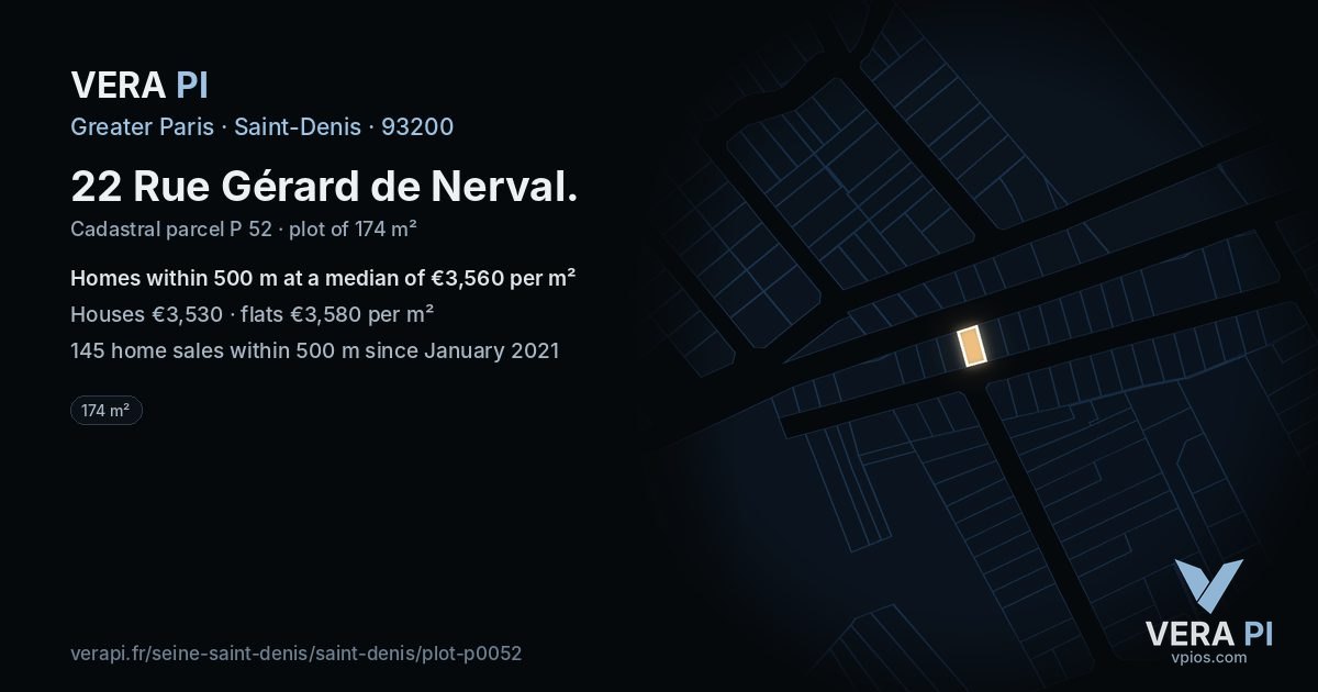 22 Rue Gérard de Nerval, Saint-Denis at night – the plot lit, the parcels around coloured by the prices near them