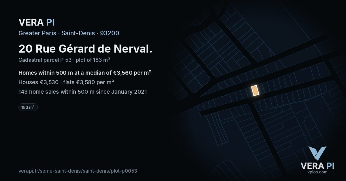 20 Rue Gérard de Nerval, Saint-Denis at night – the plot lit, the parcels around coloured by the prices near them