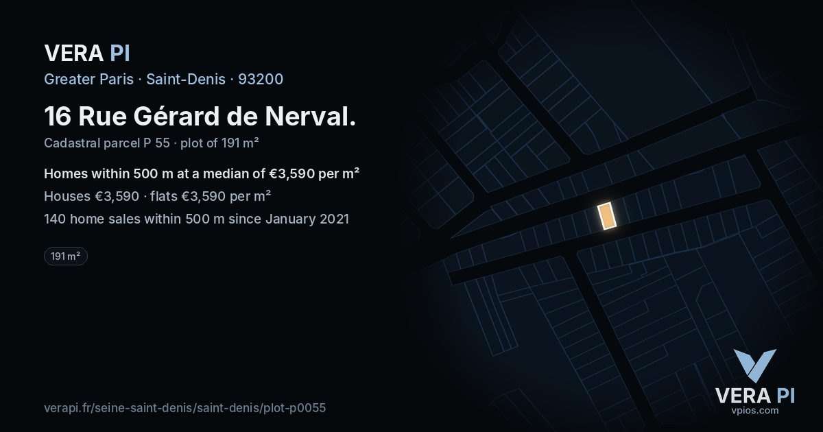 16 Rue Gérard de Nerval, Saint-Denis at night – the plot lit, the parcels around coloured by the prices near them