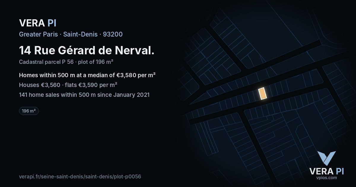 14 Rue Gérard de Nerval, Saint-Denis at night – the plot lit, the parcels around coloured by the prices near them
