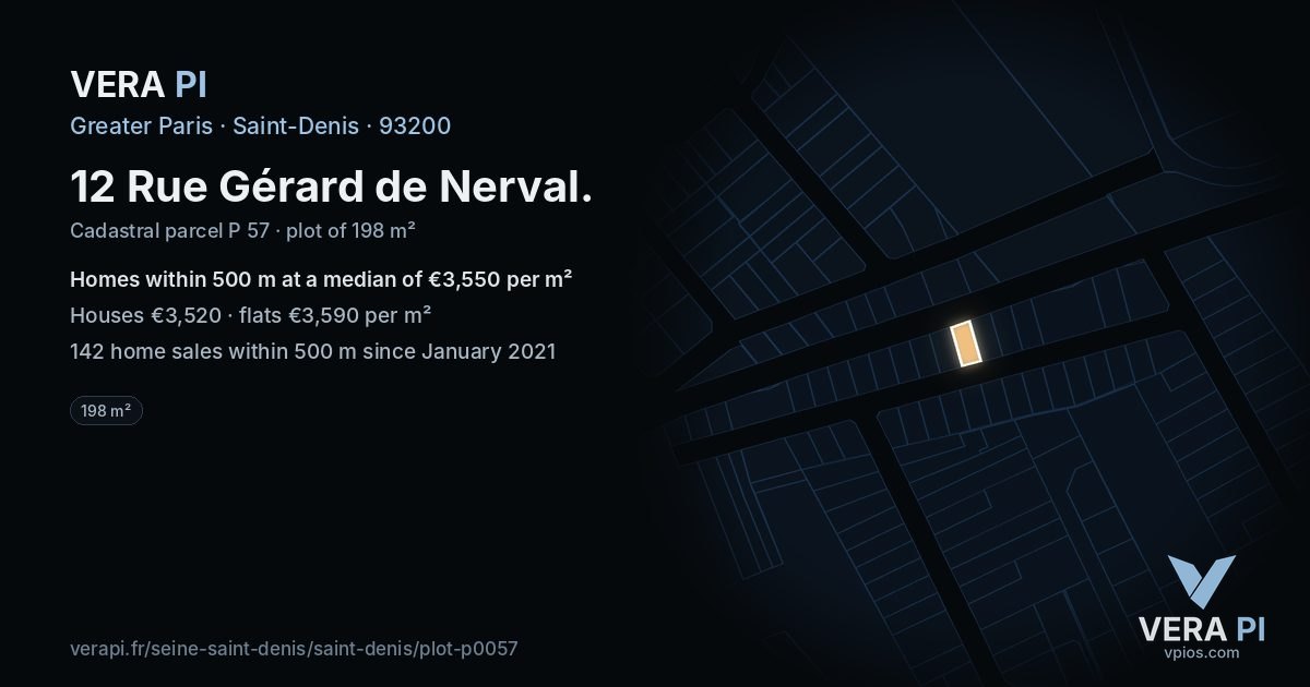 12 Rue Gérard de Nerval, Saint-Denis at night – the plot lit, the parcels around coloured by the prices near them