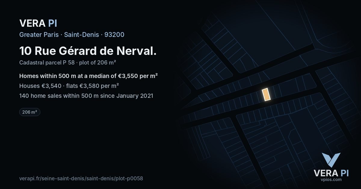 10 Rue Gérard de Nerval, Saint-Denis at night – the plot lit, the parcels around coloured by the prices near them