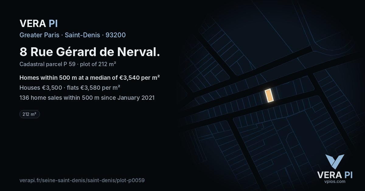8 Rue Gérard de Nerval, Saint-Denis at night – the plot lit, the parcels around coloured by the prices near them
