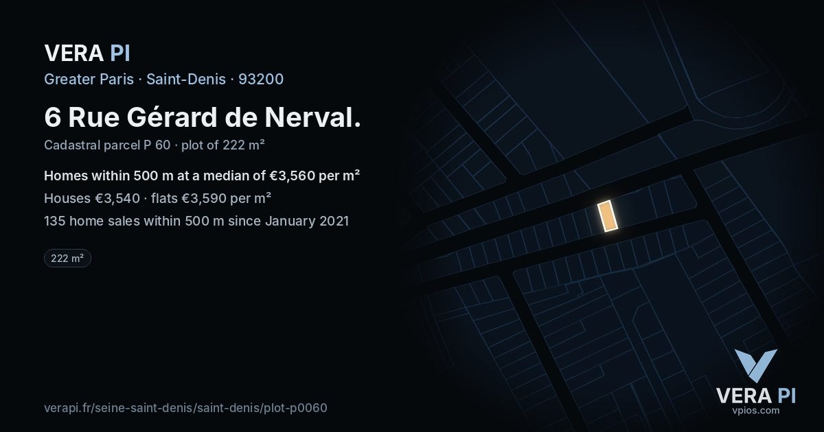 6 Rue Gérard de Nerval, Saint-Denis at night – the plot lit, the parcels around coloured by the prices near them