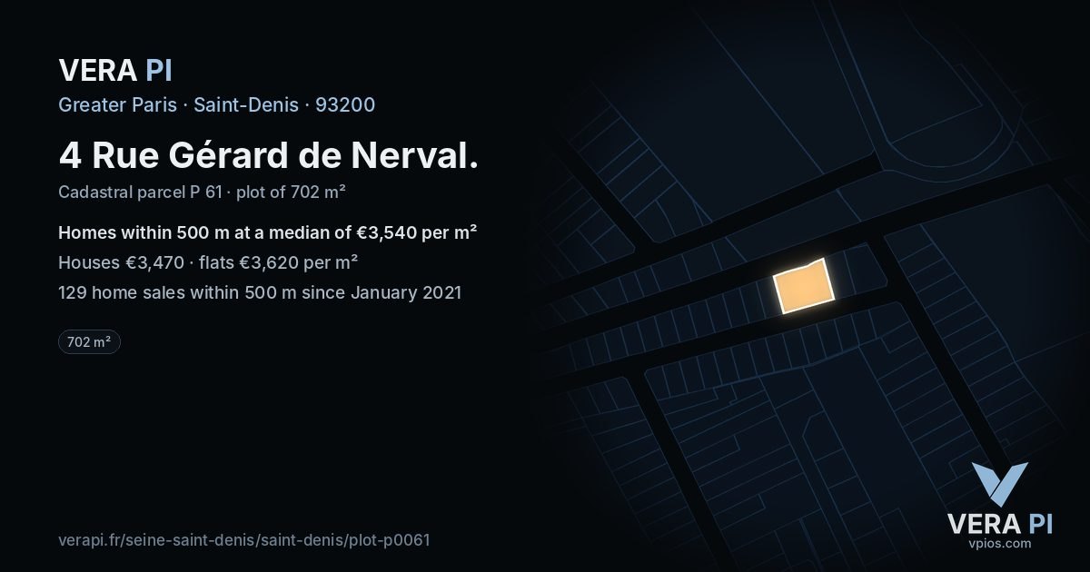 4 Rue Gérard de Nerval, Saint-Denis at night – the plot lit, the parcels around coloured by the prices near them