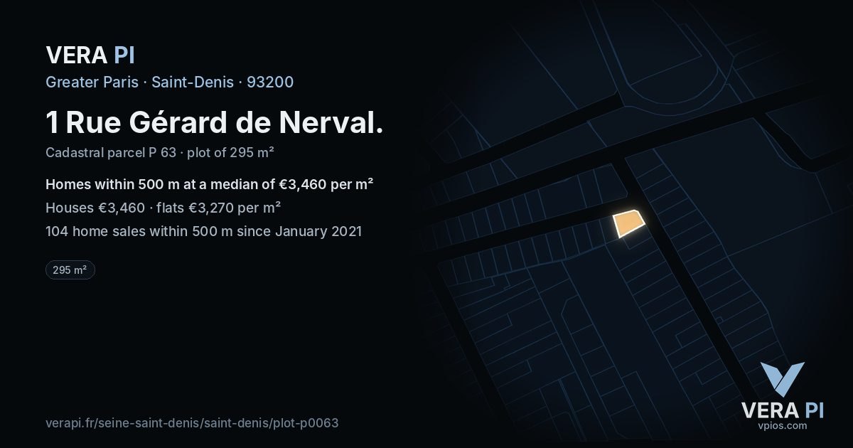 1 Rue Gérard de Nerval, Saint-Denis at night – the plot lit, the parcels around coloured by the prices near them