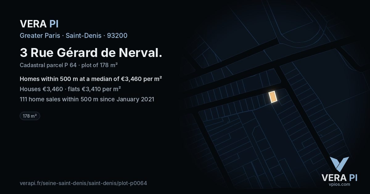 3 Rue Gérard de Nerval, Saint-Denis at night – the plot lit, the parcels around coloured by the prices near them