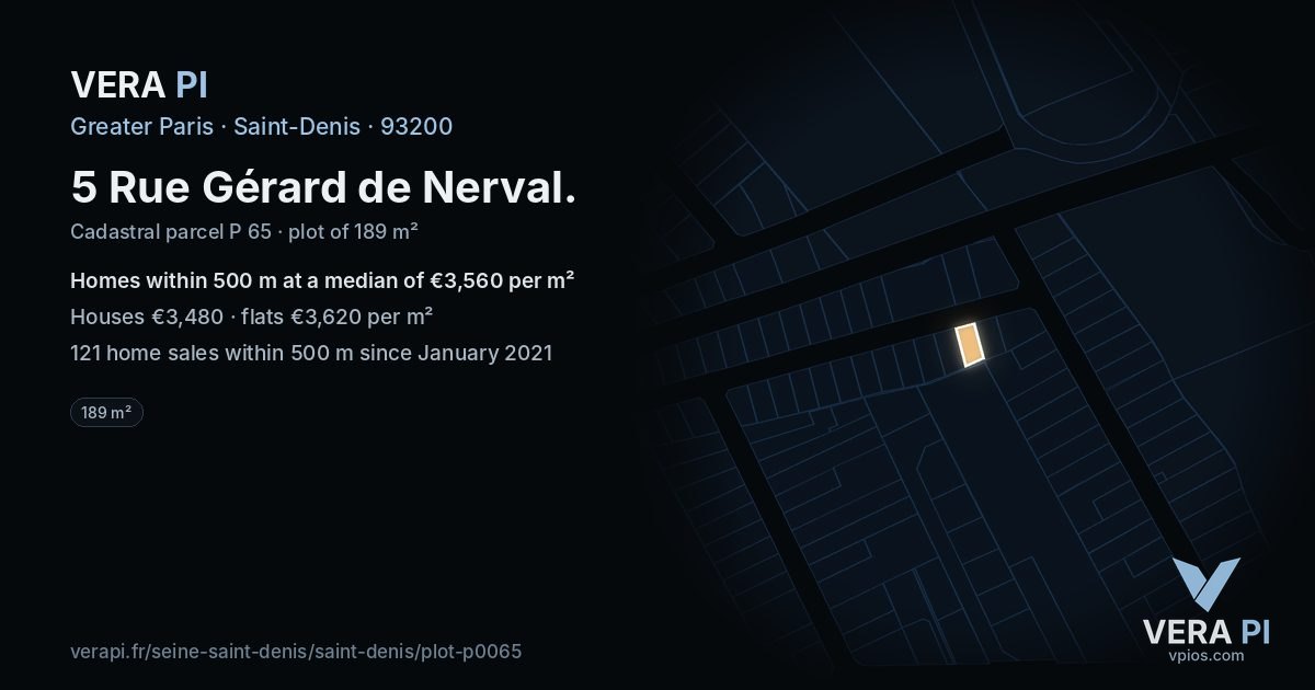 5 Rue Gérard de Nerval, Saint-Denis at night – the plot lit, the parcels around coloured by the prices near them