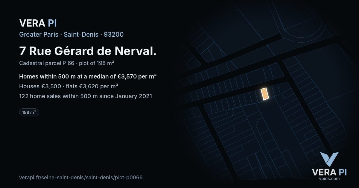 7 Rue Gérard de Nerval, Saint-Denis at night – the plot lit, the parcels around coloured by the prices near them