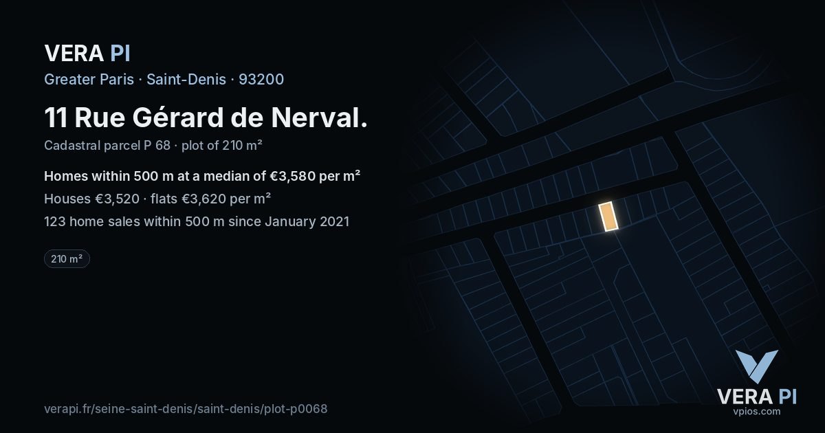 11 Rue Gérard de Nerval, Saint-Denis at night – the plot lit, the parcels around coloured by the prices near them