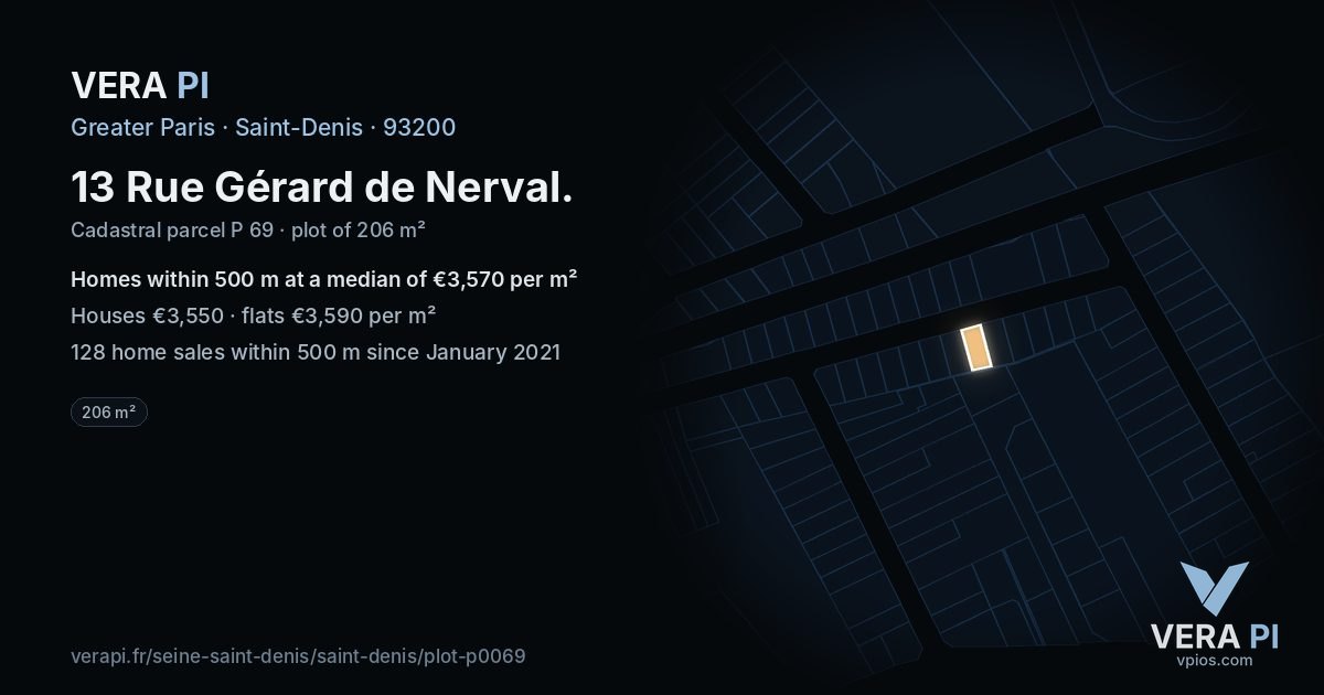 13 Rue Gérard de Nerval, Saint-Denis at night – the plot lit, the parcels around coloured by the prices near them
