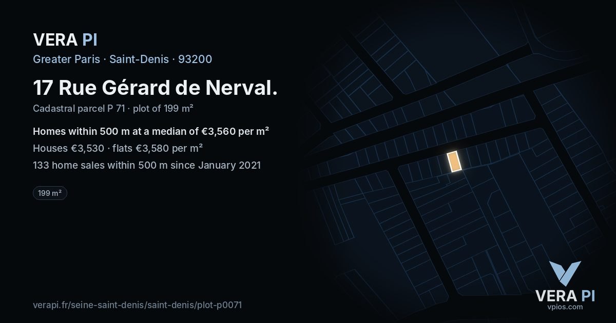 17 Rue Gérard de Nerval, Saint-Denis at night – the plot lit, the parcels around coloured by the prices near them