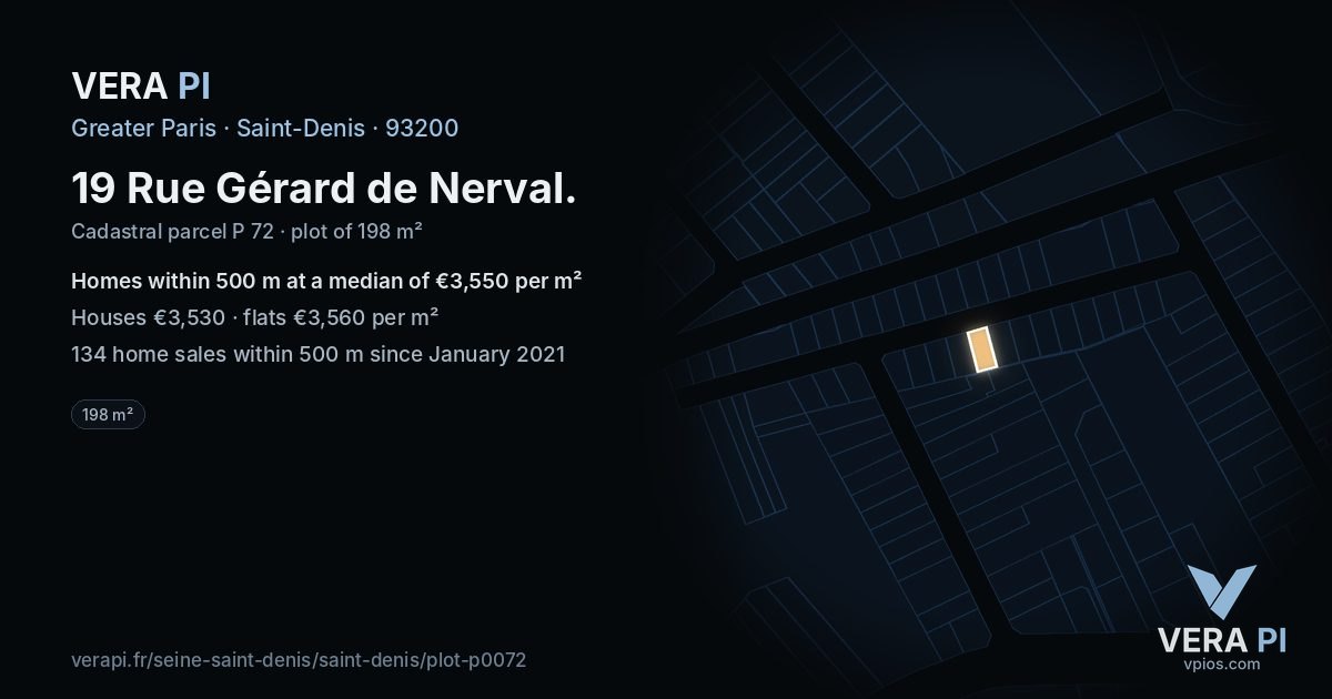 19 Rue Gérard de Nerval, Saint-Denis at night – the plot lit, the parcels around coloured by the prices near them