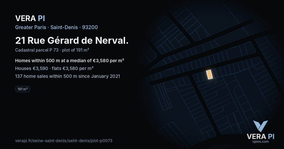 21 Rue Gérard de Nerval, Saint-Denis at night – the plot lit, the parcels around coloured by the prices near them