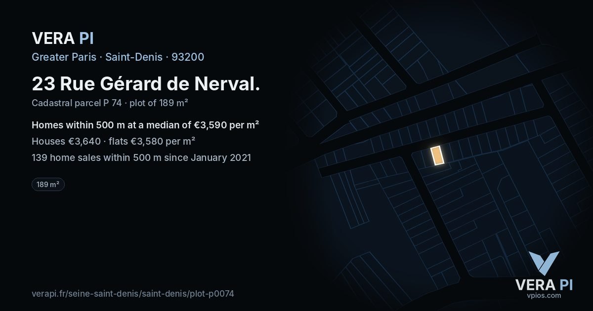 23 Rue Gérard de Nerval, Saint-Denis at night – the plot lit, the parcels around coloured by the prices near them