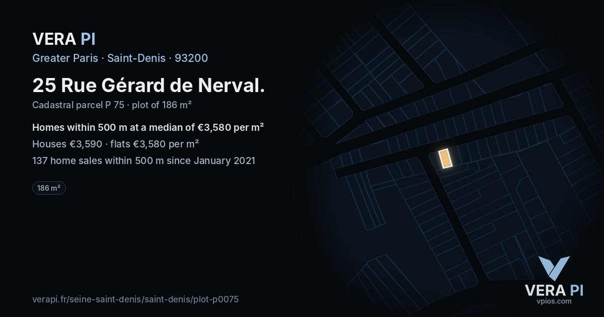 25 Rue Gérard de Nerval, Saint-Denis at night – the plot lit, the parcels around coloured by the prices near them