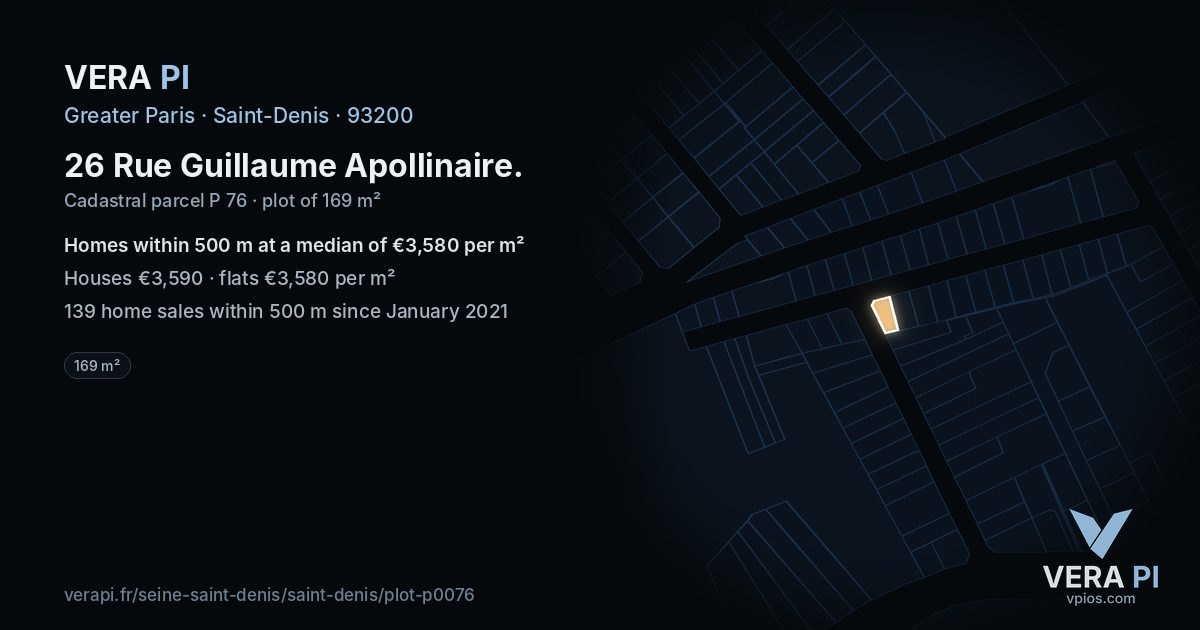 26 Rue Guillaume Apollinaire, Saint-Denis at night – the plot lit, the parcels around coloured by the prices near them