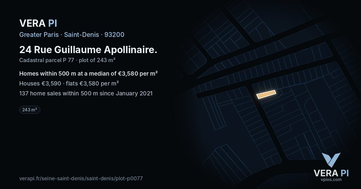 24 Rue Guillaume Apollinaire, Saint-Denis at night – the plot lit, the parcels around coloured by the prices near them