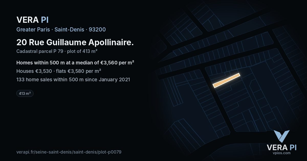 20 Rue Guillaume Apollinaire, Saint-Denis at night – the plot lit, the parcels around coloured by the prices near them
