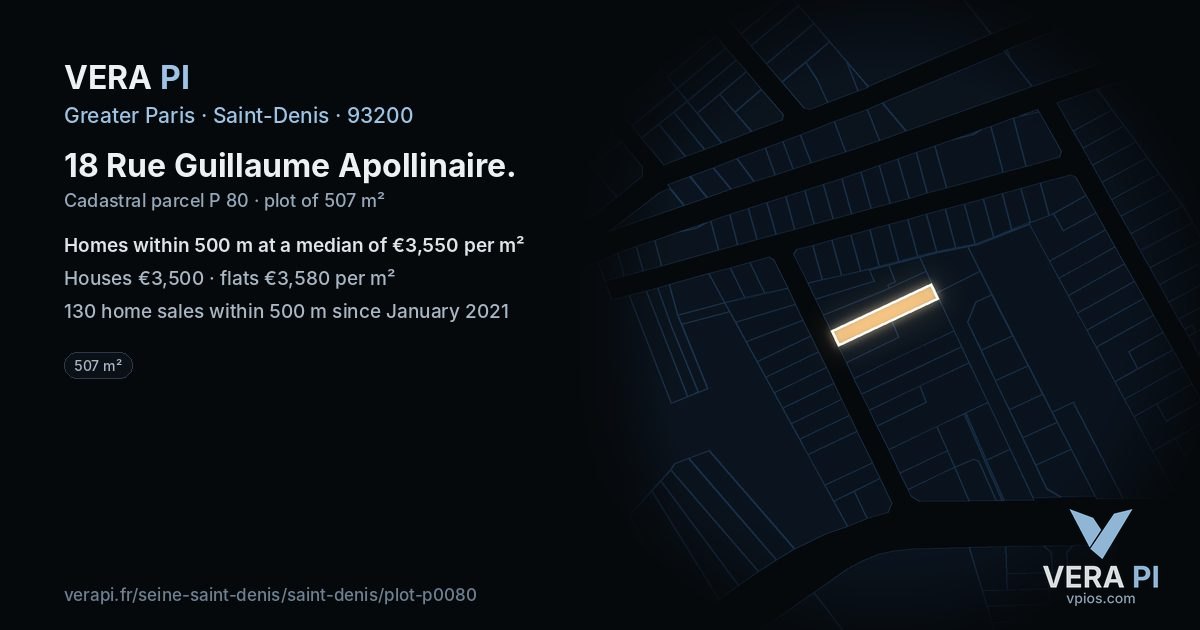 18 Rue Guillaume Apollinaire, Saint-Denis at night – the plot lit, the parcels around coloured by the prices near them