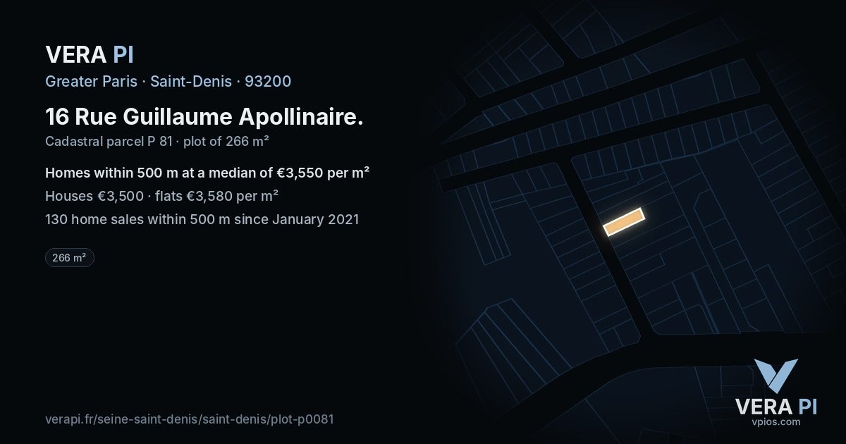 16 Rue Guillaume Apollinaire, Saint-Denis at night – the plot lit, the parcels around coloured by the prices near them