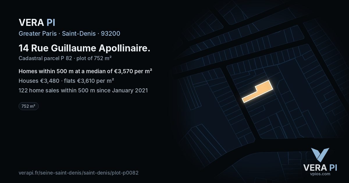 14 Rue Guillaume Apollinaire, Saint-Denis at night – the plot lit, the parcels around coloured by the prices near them