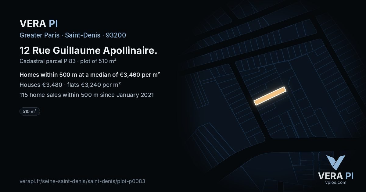 12 Rue Guillaume Apollinaire, Saint-Denis at night – the plot lit, the parcels around coloured by the prices near them