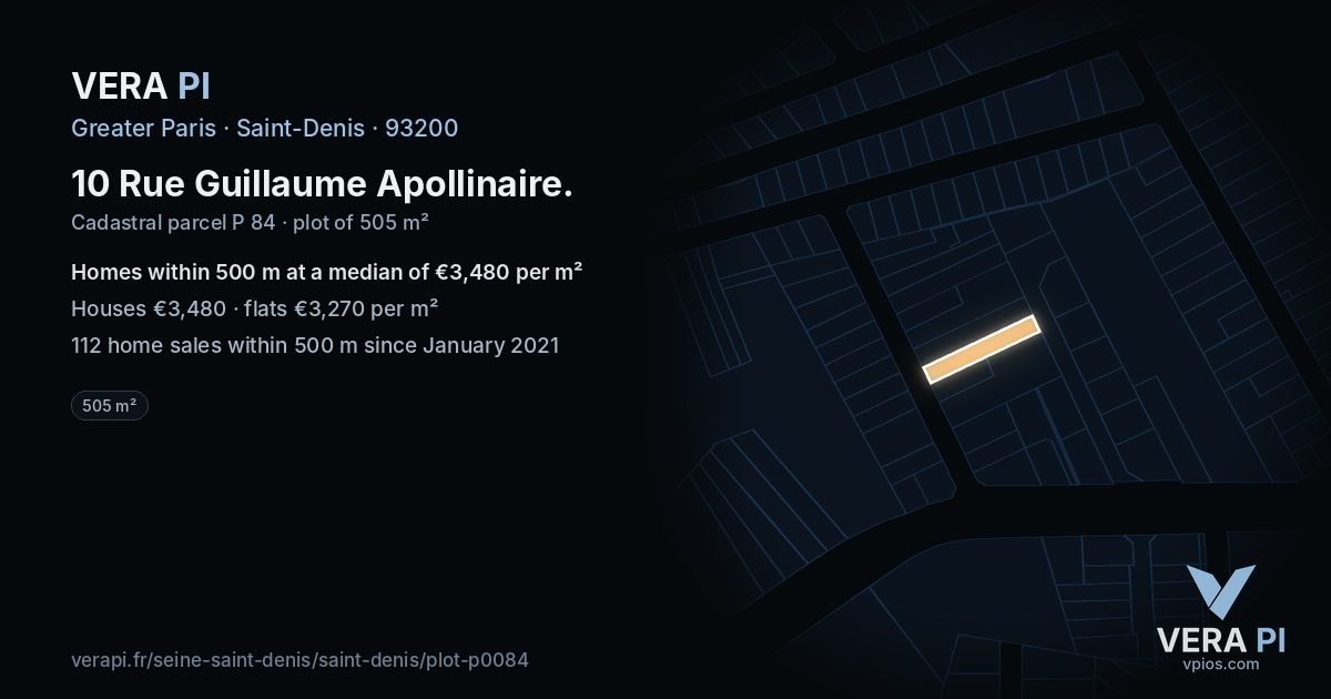 10 Rue Guillaume Apollinaire, Saint-Denis at night – the plot lit, the parcels around coloured by the prices near them