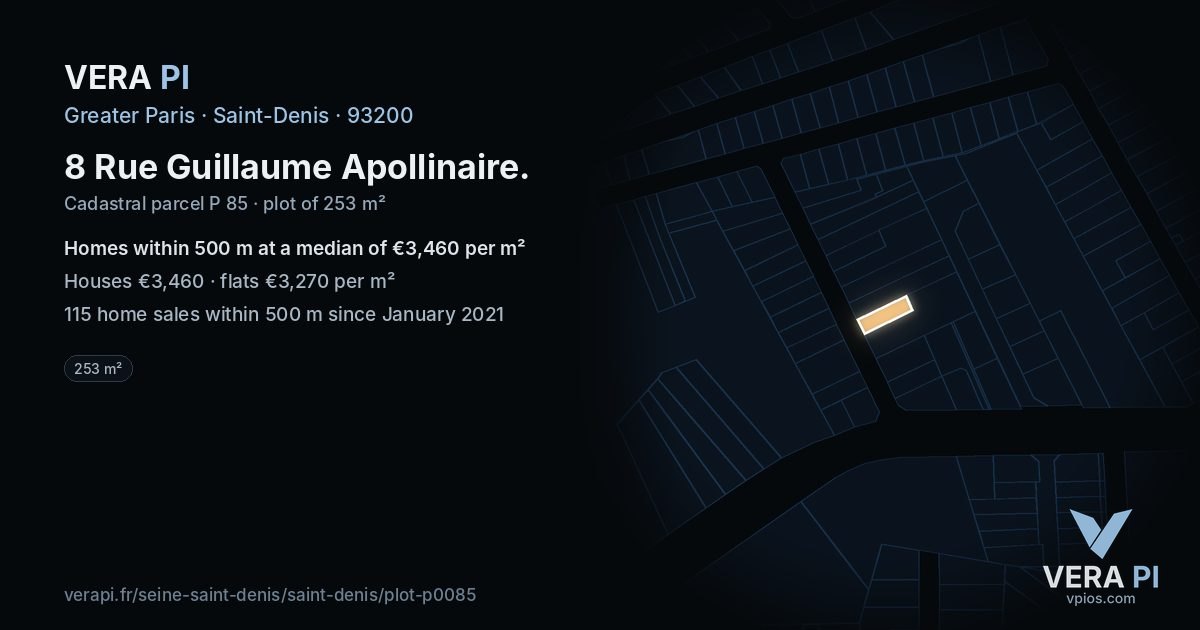 8 Rue Guillaume Apollinaire, Saint-Denis at night – the plot lit, the parcels around coloured by the prices near them