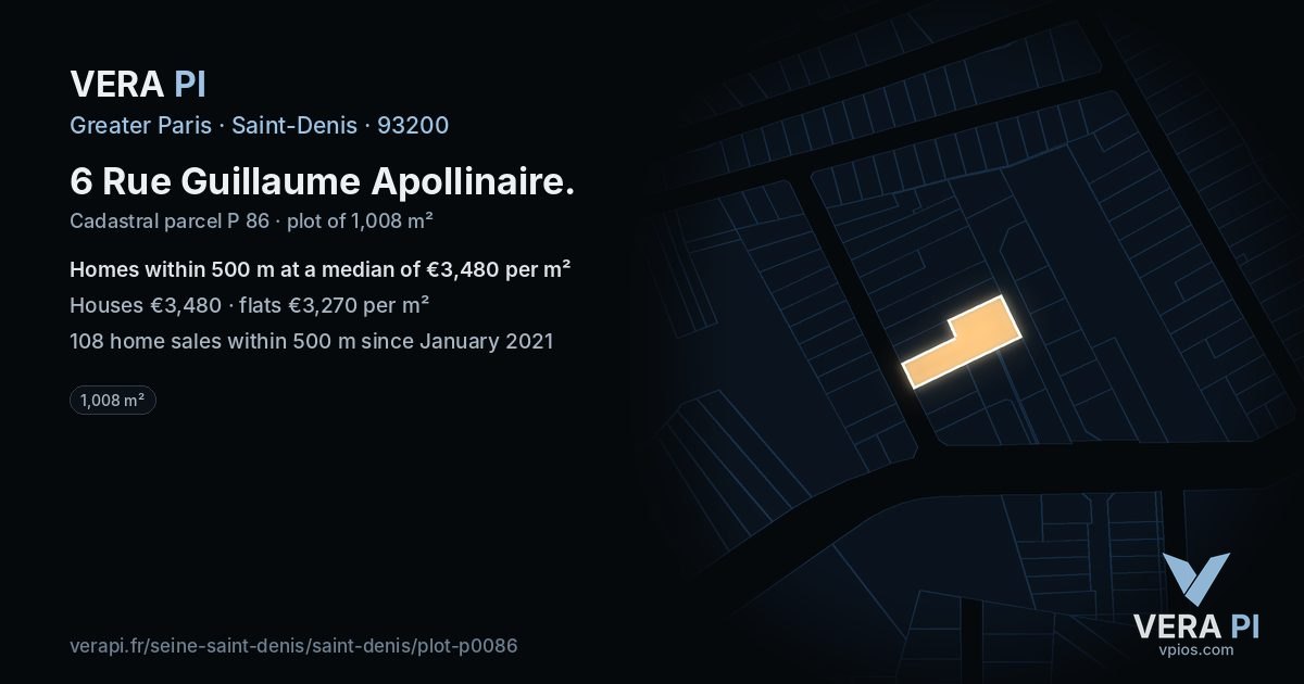 6 Rue Guillaume Apollinaire, Saint-Denis at night – the plot lit, the parcels around coloured by the prices near them