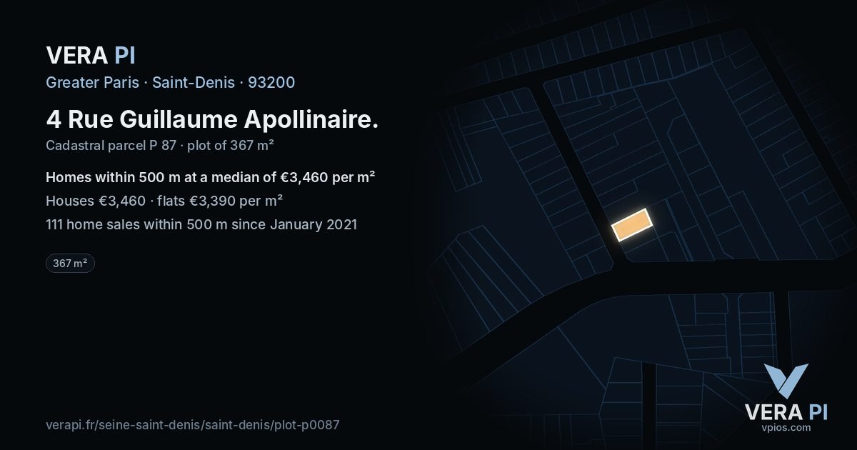 4 Rue Guillaume Apollinaire, Saint-Denis at night – the plot lit, the parcels around coloured by the prices near them
