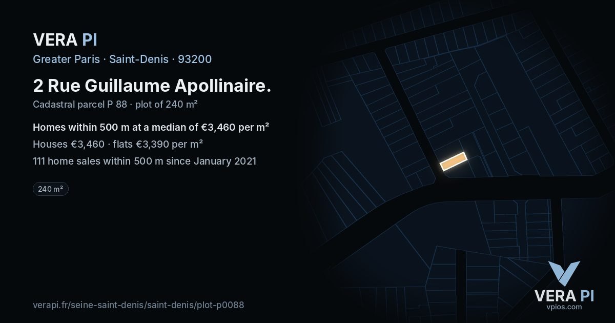 2 Rue Guillaume Apollinaire, Saint-Denis at night – the plot lit, the parcels around coloured by the prices near them