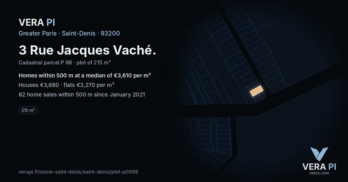 3 Rue Jacques Vaché, Saint-Denis at night – the plot lit, the parcels around coloured by the prices near them