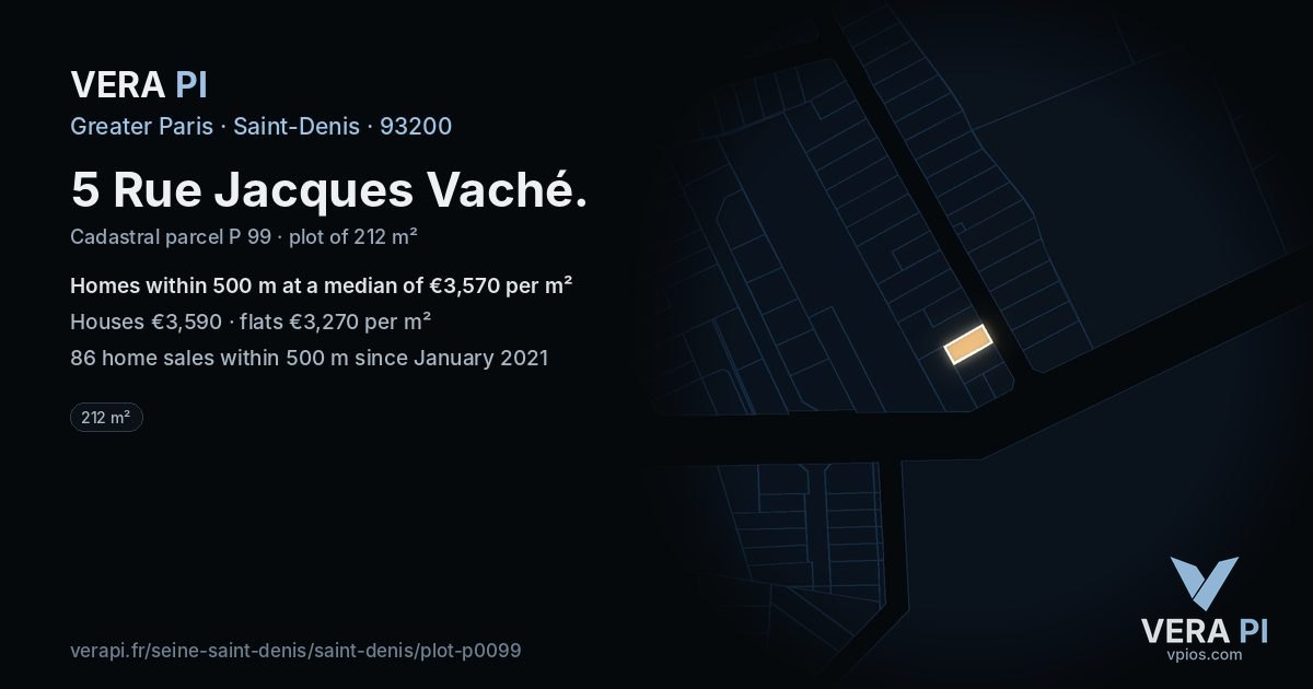 5 Rue Jacques Vaché, Saint-Denis at night – the plot lit, the parcels around coloured by the prices near them