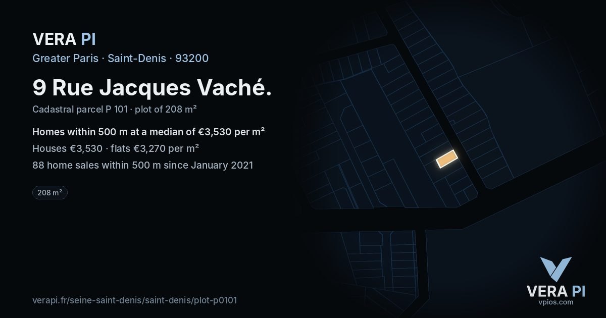 9 Rue Jacques Vaché, Saint-Denis at night – the plot lit, the parcels around coloured by the prices near them