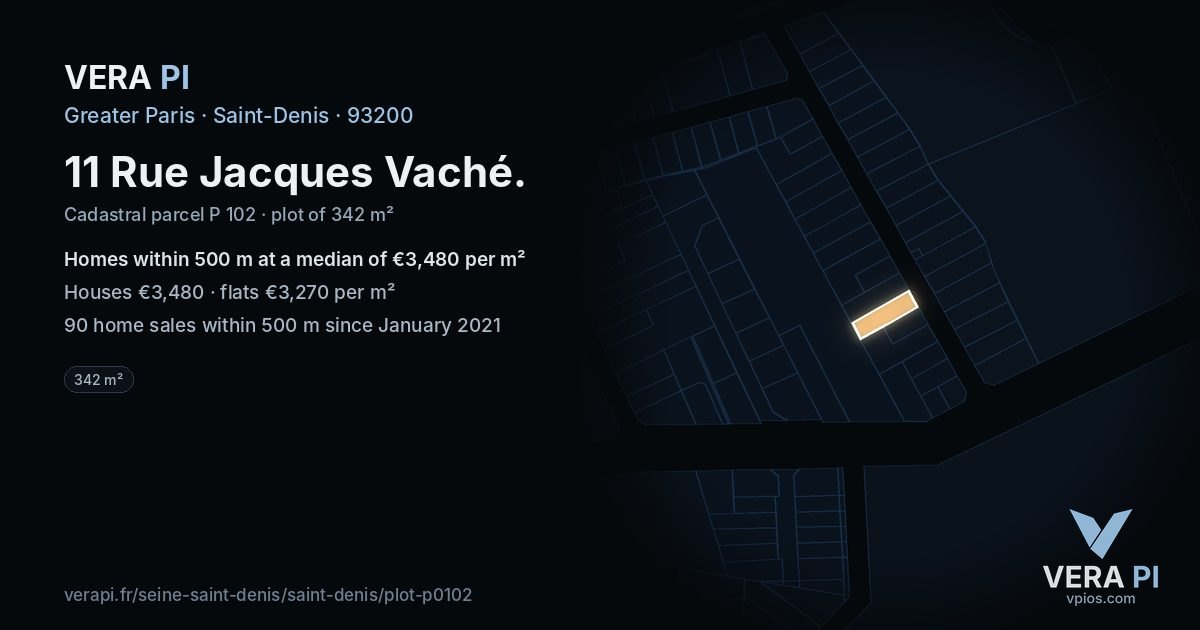 11 Rue Jacques Vaché, Saint-Denis at night – the plot lit, the parcels around coloured by the prices near them