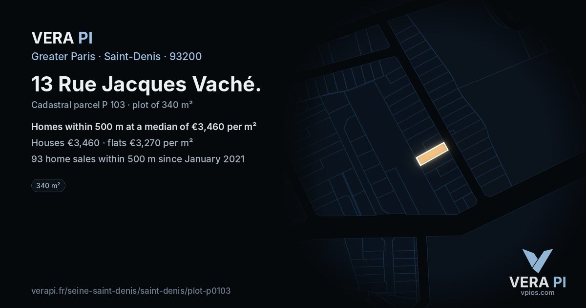13 Rue Jacques Vaché, Saint-Denis at night – the plot lit, the parcels around coloured by the prices near them