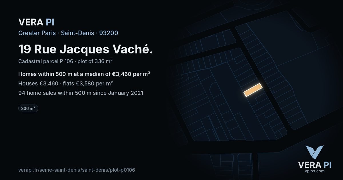 19 Rue Jacques Vaché, Saint-Denis at night – the plot lit, the parcels around coloured by the prices near them