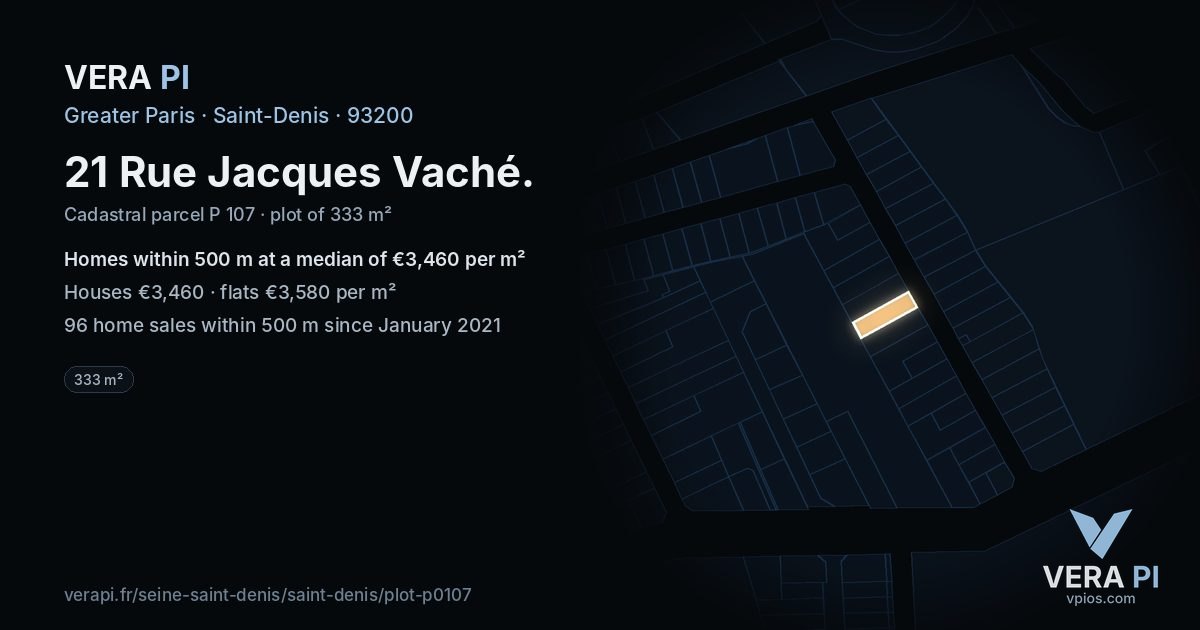 21 Rue Jacques Vaché, Saint-Denis at night – the plot lit, the parcels around coloured by the prices near them