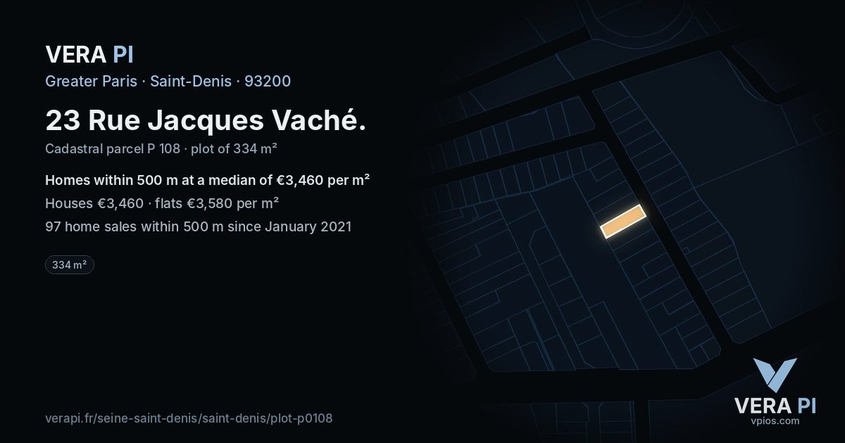 23 Rue Jacques Vaché, Saint-Denis at night – the plot lit, the parcels around coloured by the prices near them